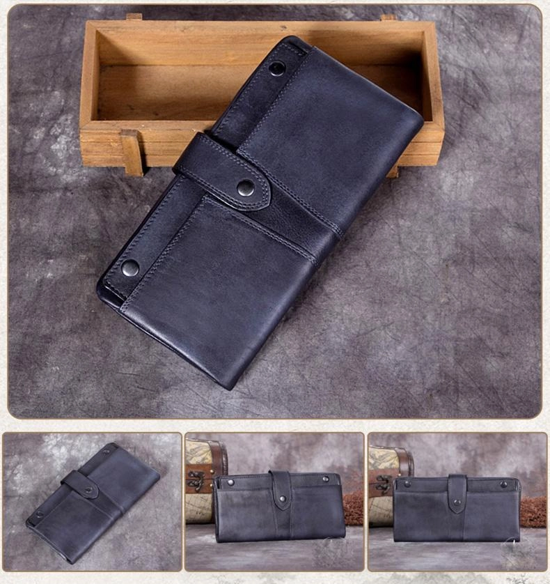 Grey Vintage Mens Leather Bifold Long Wallet Brown Phone Clutch Purse for Men