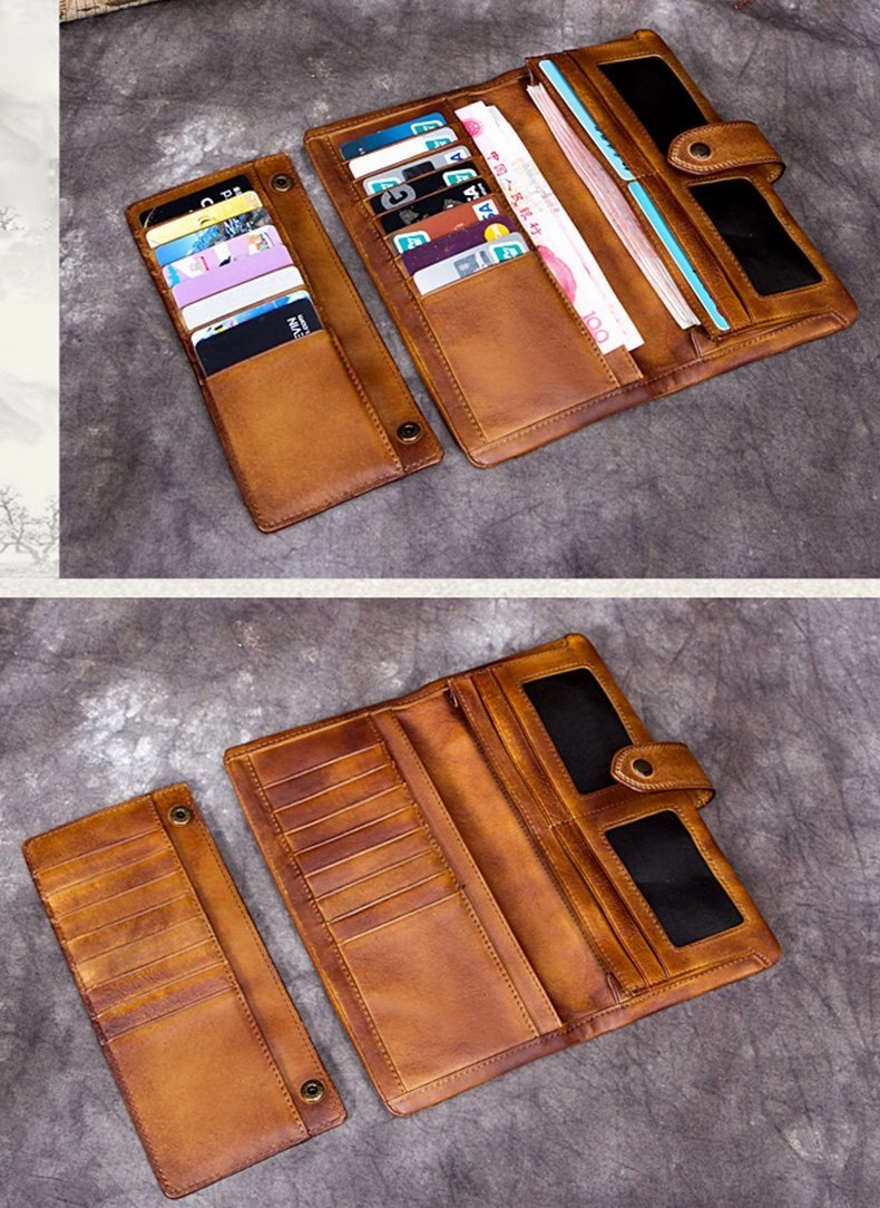 Grey Vintage Mens Leather Bifold Long Wallet Brown Phone Clutch Purse for Men