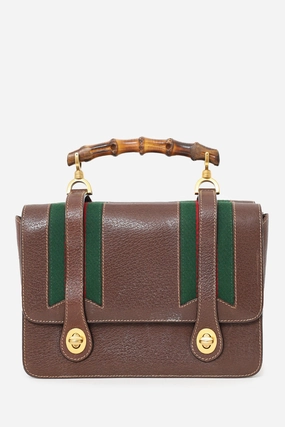 Gucci Brown Leather/Cavas Vintage Bamboo Top Handle Bag with Strap