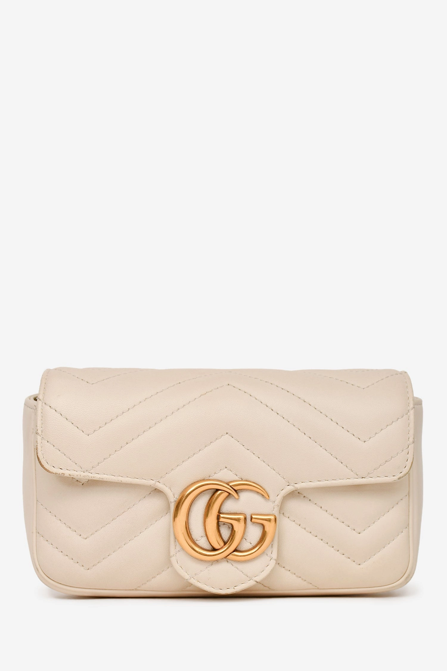 Gucci White Leather Chevron Quilted GG Marmont Super Mini Crossbody