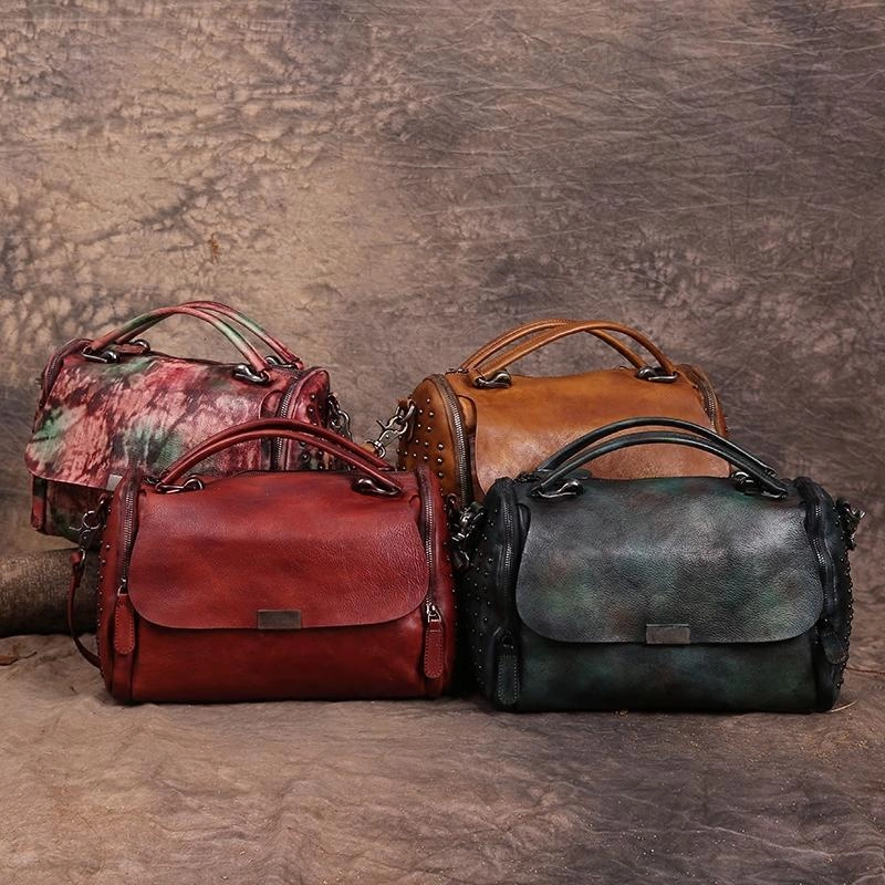 Hand-Dyed Vintage Womens Leather Handbags Brown Side Bag Red SHoulder Bag Purse for Ladies