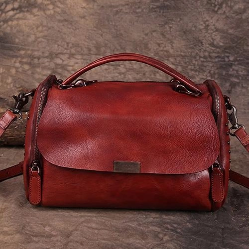 Hand-Dyed Vintage Womens Leather Handbags Brown Side Bag Red SHoulder Bag Purse for Ladies