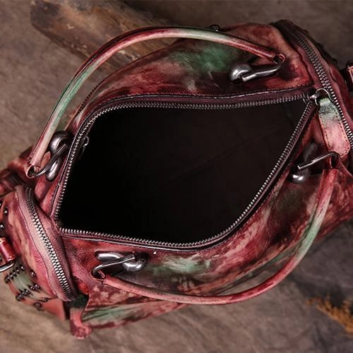 Hand-Dyed Vintage Womens Leather Handbags Brown Side Bag Red SHoulder Bag Purse for Ladies