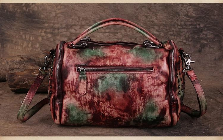 Hand-Dyed Vintage Womens Leather Handbags Brown Side Bag Red SHoulder Bag Purse for Ladies