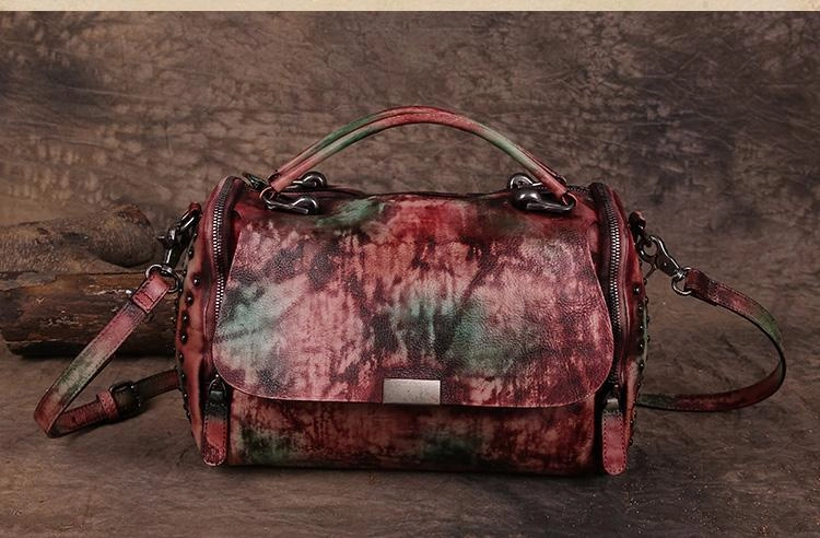Hand-Dyed Vintage Womens Leather Handbags Brown Side Bag Red SHoulder Bag Purse for Ladies
