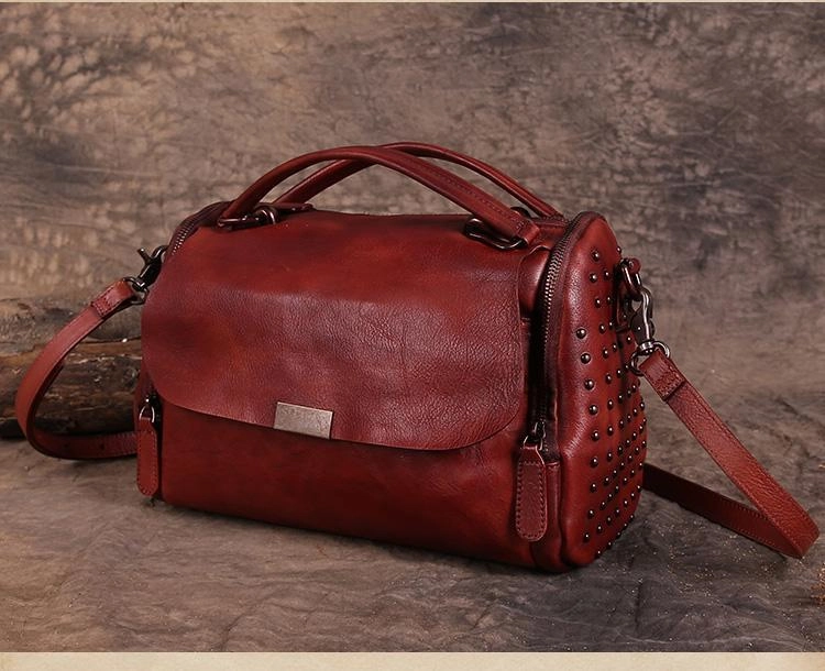 Hand-Dyed Vintage Womens Leather Handbags Brown Side Bag Red SHoulder Bag Purse for Ladies