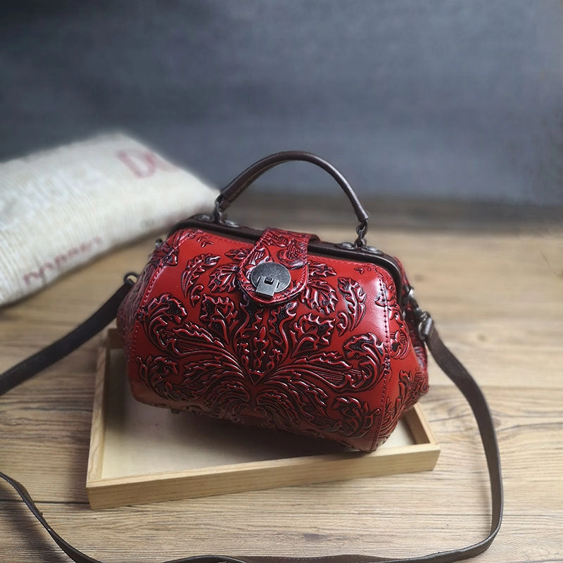 Handamde Womens Red Leather Doctor Handbag Purses Floral Red Doctor Crossbody Purse for Women