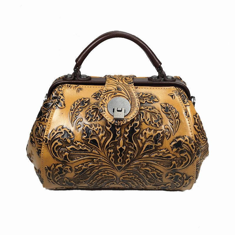 Handamde Womens Red Leather Doctor Handbag Purses Floral Red Doctor Crossbody Purse for Women