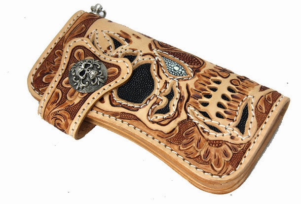 Handmade beige brown leather punk skull carved biker wallet Long wallet clutch for men