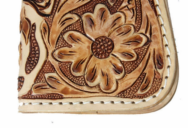 Handmade beige brown leather punk skull carved biker wallet Long wallet clutch for men