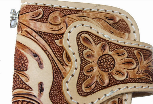 Handmade beige brown leather punk skull carved biker wallet Long wallet clutch for men