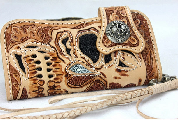 Handmade beige brown leather punk skull carved biker wallet Long wallet clutch for men