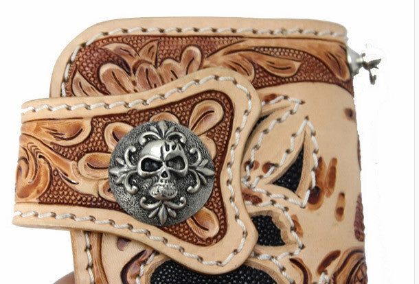 Handmade beige brown leather punk skull carved biker wallet Long wallet clutch for men