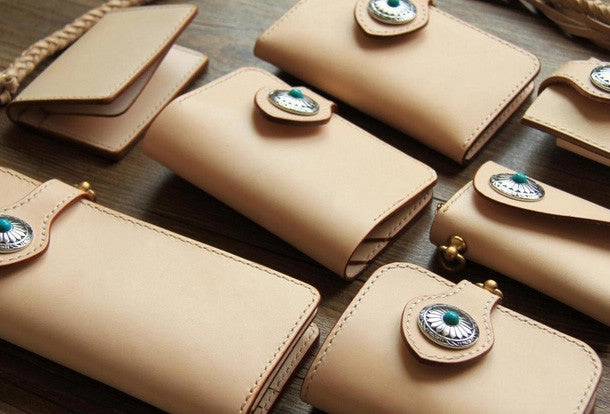 Handmade beige leather biker wallet chain bifold long wallet purse clutch for men