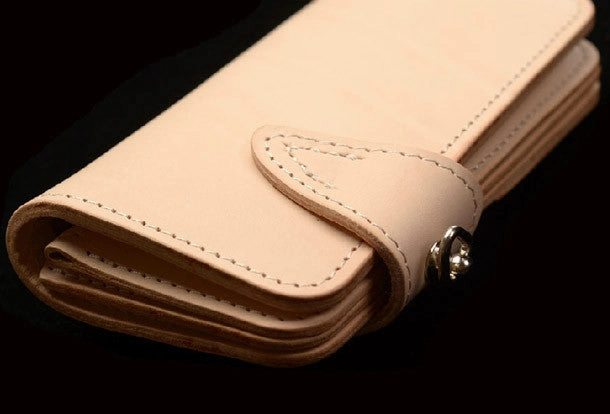 Handmade beige leather biker wallet chain men leather Long wallet purse clutch for men
