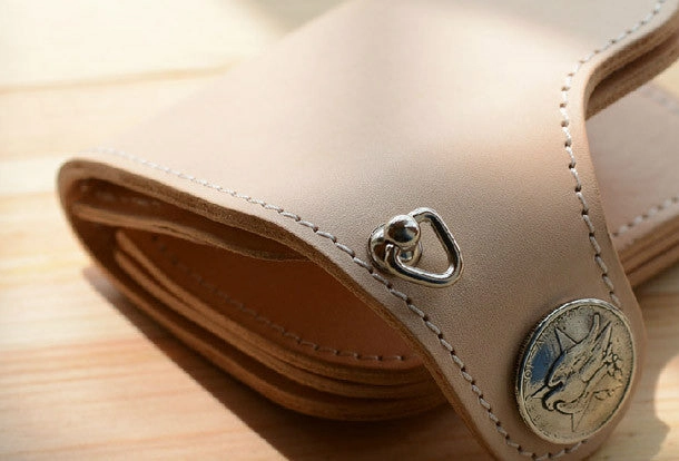 Handmade beige leather billfold biker wallet chain bifold billfold wallet purse clutch for men