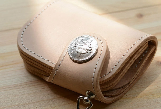 Handmade beige leather billfold biker wallet chain bifold billfold wallet purse clutch for men