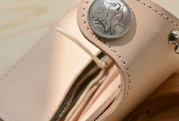 Handmade beige leather billfold biker wallet chain bifold billfold wallet purse clutch for men
