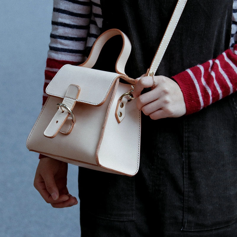 Handmade Beige Leather Box Womens Handbag Shoulder Bag Crossbody Purse for Women