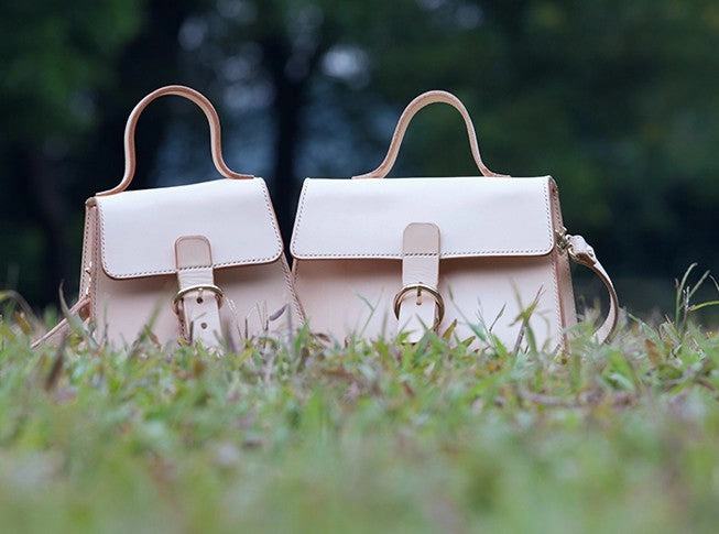 Handmade Beige Leather Box Womens Handbag Shoulder Bag Crossbody Purse for Women