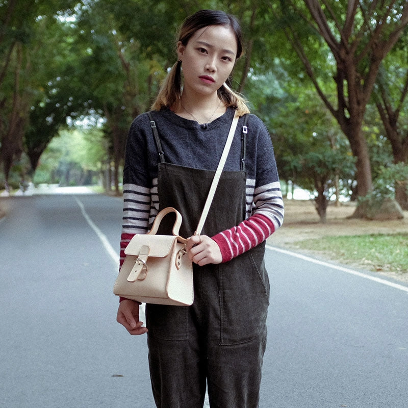 Handmade Beige Leather Box Womens Handbag Shoulder Bag Crossbody Purse for Women