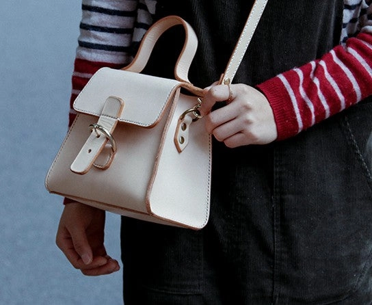 Handmade Beige Leather Box Womens Handbag Shoulder Bag Crossbody Purse for Women