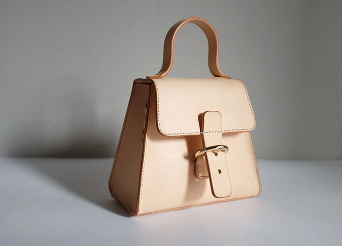 Handmade Beige Leather Box Womens Handbag Shoulder Bag Crossbody Purse for Women