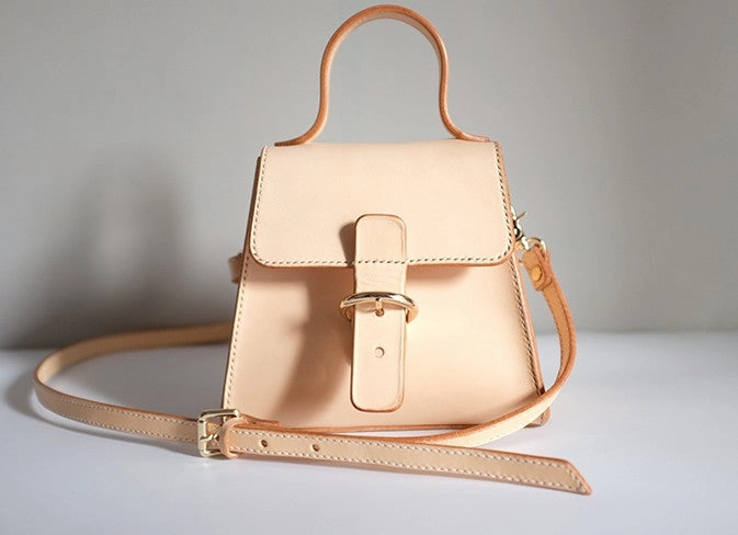 Handmade Beige Leather Box Womens Handbag Shoulder Bag Crossbody Purse for Women