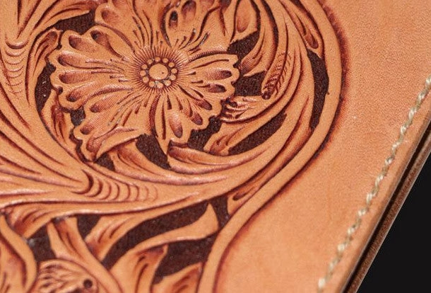 Handmade beige leather floral carved biker wallet Long wallet clutch for men