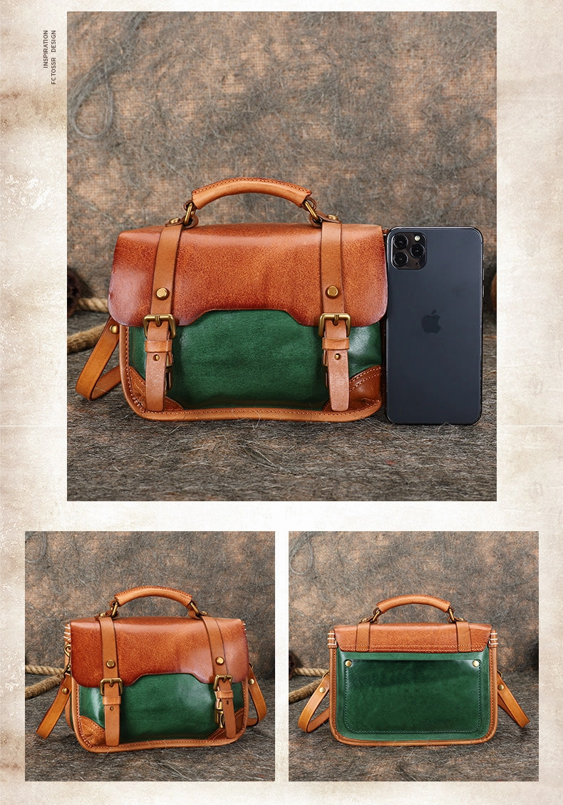 Handmade Beige Leather Womens Satchel Shoulder Bag Small School Handbag Crossbody Purses for Ladies