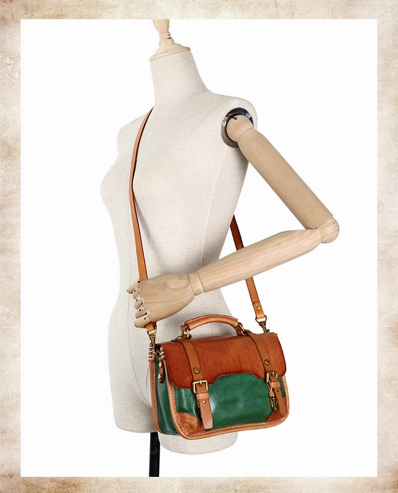 Handmade Beige Leather Womens Satchel Shoulder Bag Small School Handbag Crossbody Purses for Ladies