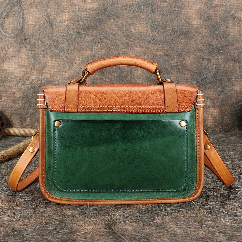 Handmade Beige Leather Womens Satchel Shoulder Bag Small School Handbag Crossbody Purses for Ladies