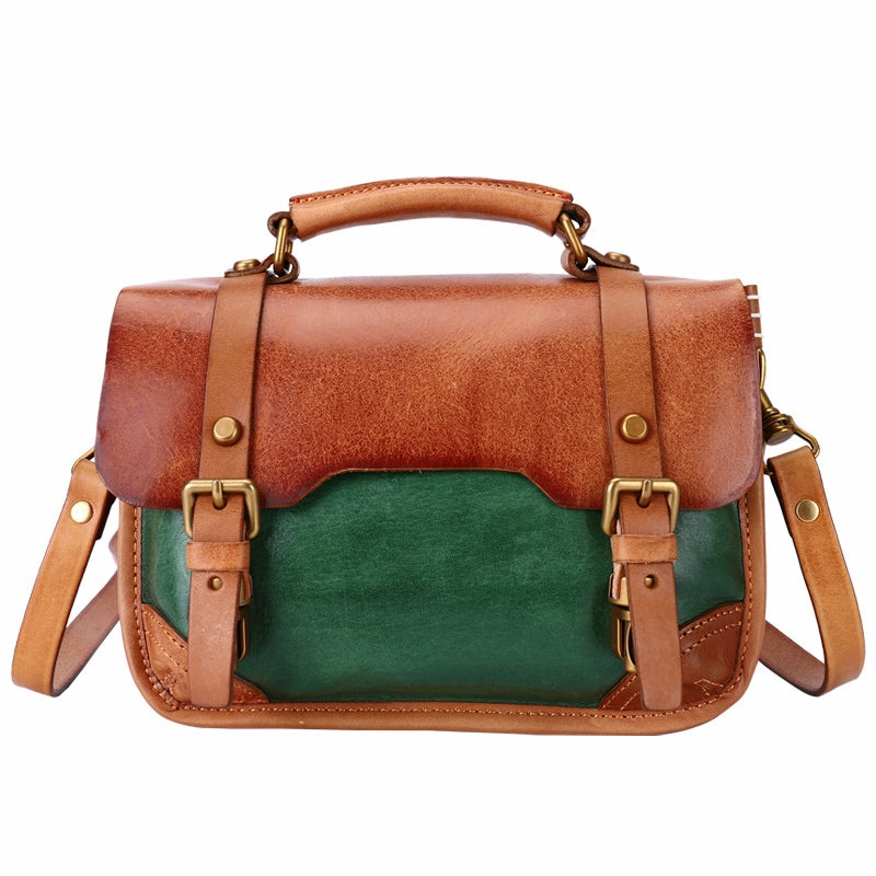 Handmade Beige Leather Womens Satchel Shoulder Bag Small School Handbag Crossbody Purses for Ladies