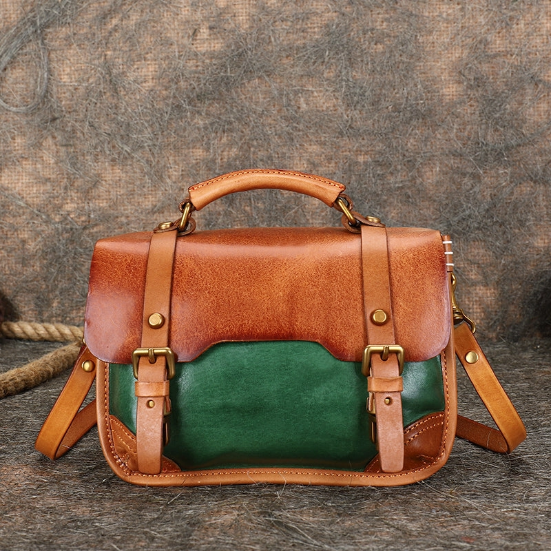 Handmade Beige Leather Womens Satchel Shoulder Bag Small School Handbag Crossbody Purses for Ladies