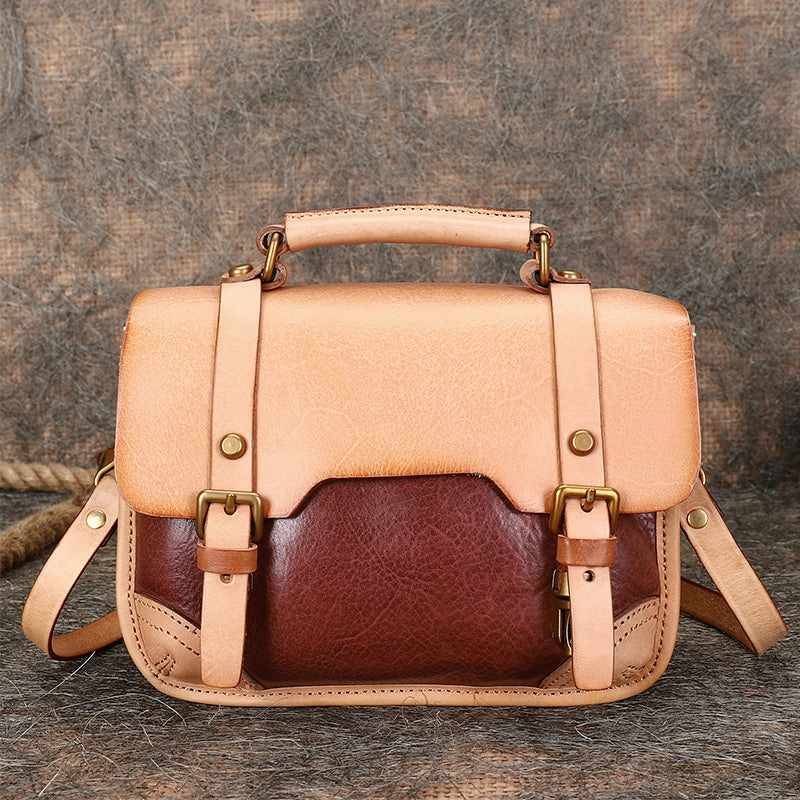 Handmade Beige Leather Womens Satchel Shoulder Bag Small School Handbag Crossbody Purses for Ladies