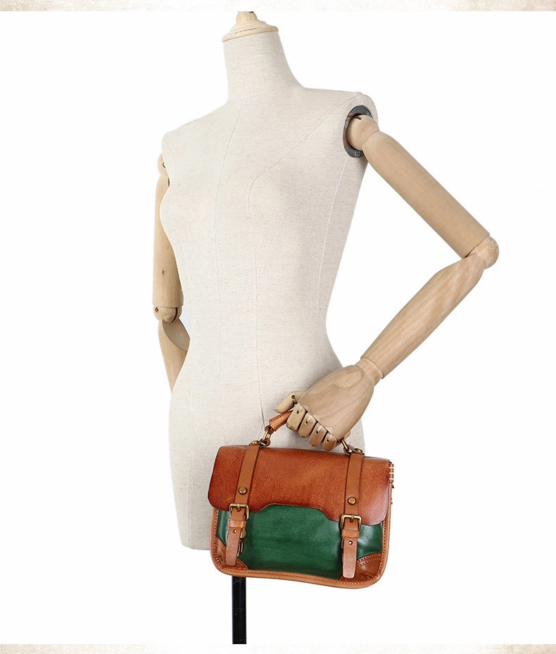 Handmade Beige Leather Womens Satchel Shoulder Bag Small School Handbag Crossbody Purses for Ladies