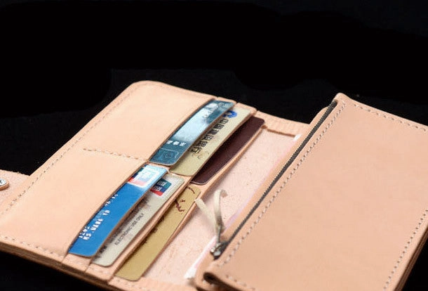 Handmade beige men leather biker wallet chain leather Long wallet purse clutch for men