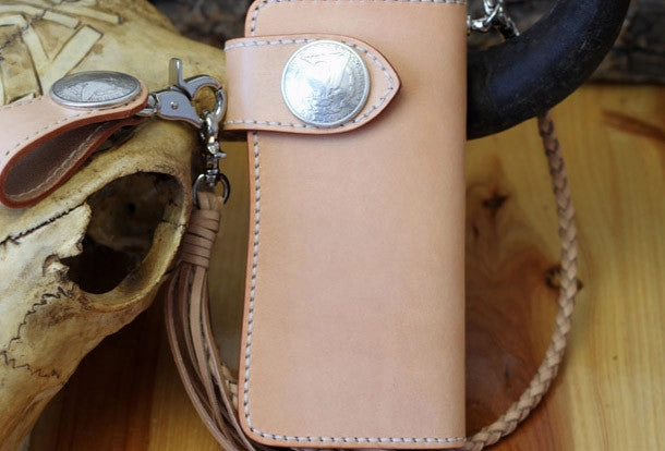 Handmade biker wallet leather beige biker wallet chain bifold Long wallet purse clutch for men