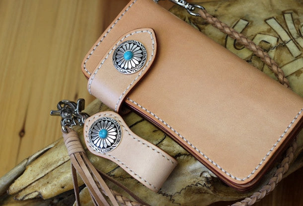 Handmade biker wallet leather beige biker wallet chain bifold Long wallet purse clutch for men