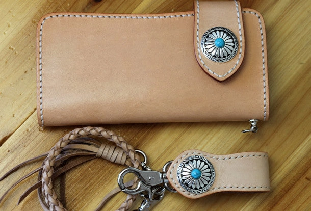 Handmade biker wallet leather beige biker wallet chain bifold Long wallet purse clutch for men
