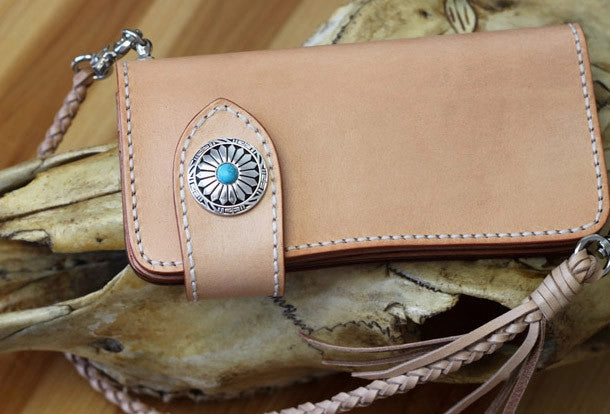 Handmade biker wallet leather beige biker wallet chain bifold Long wallet purse clutch for men