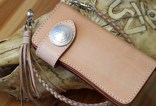 Handmade biker wallet leather beige biker wallet chain bifold Long wallet purse clutch for men