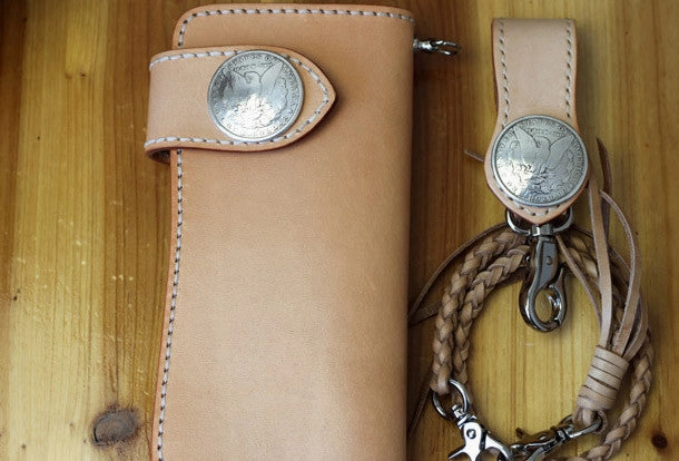 Handmade biker wallet leather beige biker wallet chain bifold Long wallet purse clutch for men