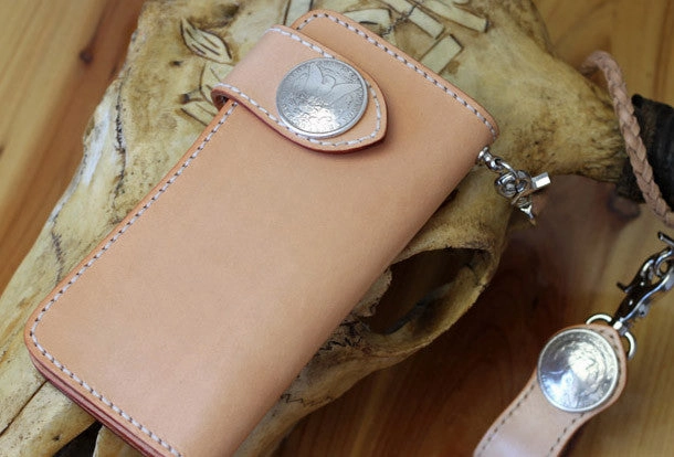 Handmade biker wallet leather beige biker wallet chain bifold Long wallet purse clutch for men