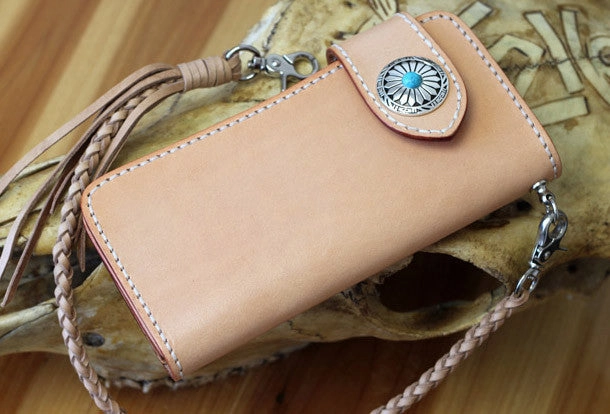 Handmade biker wallet leather beige biker wallet chain bifold Long wallet purse clutch for men