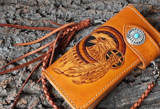Handmade biker wallet leather eagle carved brown biker wallet chain Long wallet clutch for men