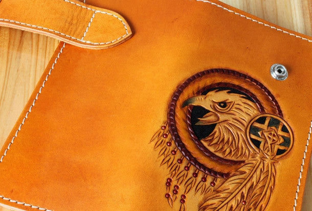 Handmade biker wallet leather eagle carved brown biker wallet chain Long wallet clutch for men
