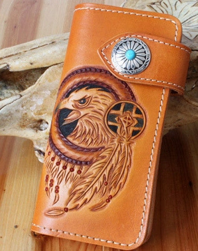 Handmade biker wallet leather eagle carved brown biker wallet chain Long wallet clutch for men