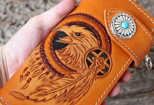 Handmade biker wallet leather eagle carved brown biker wallet chain Long wallet clutch for men