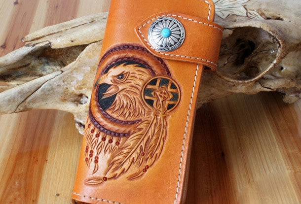 Handmade biker wallet leather eagle carved brown biker wallet chain Long wallet clutch for men